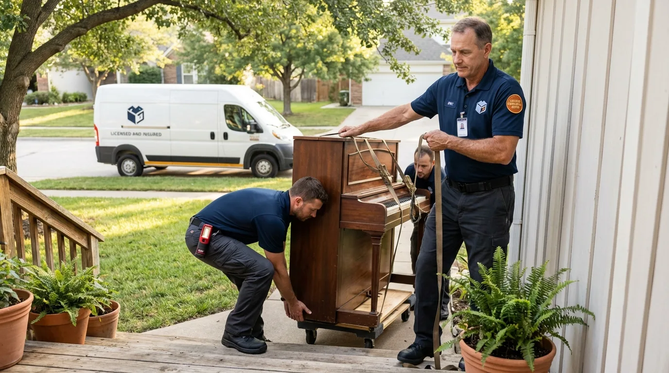 Licensed piano movers securing grand piano in Oregon, IL