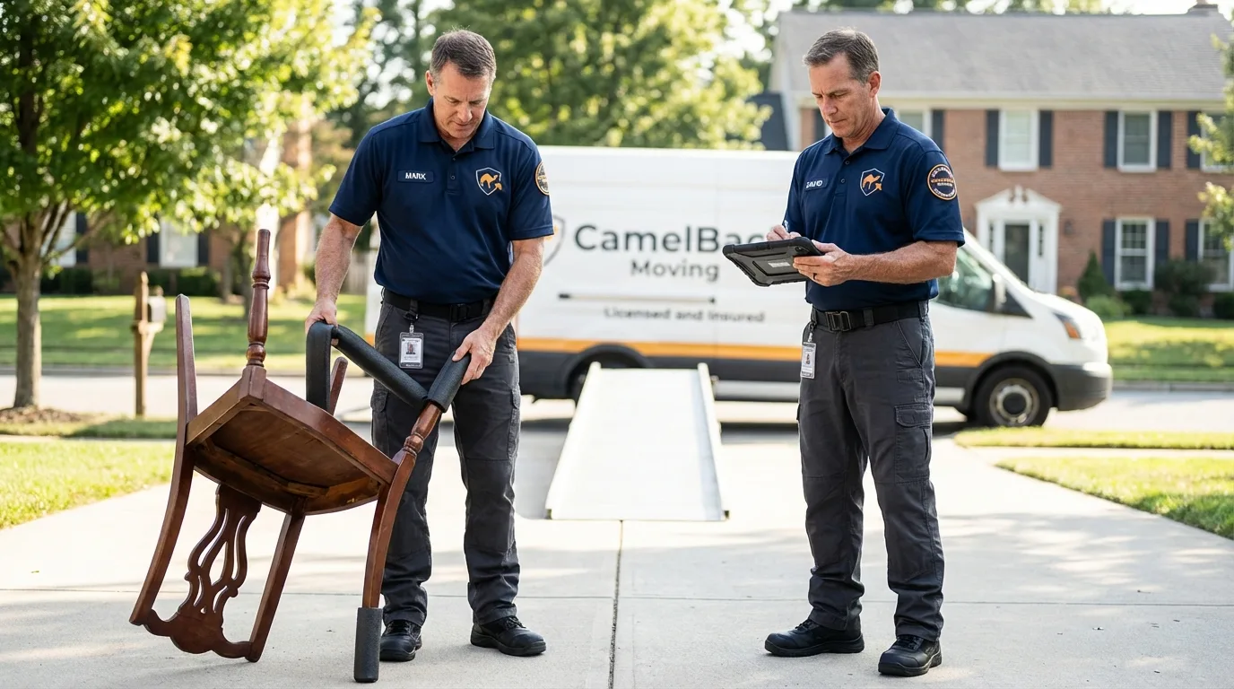 Movers inspecting furniture for damage prevention before loading in Oregon, IL