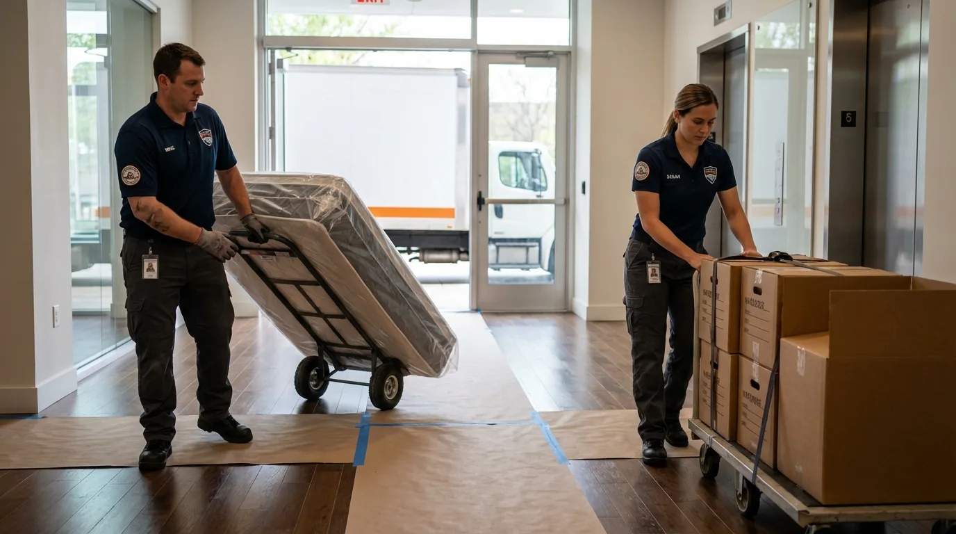 Professional apartment movers loading elevator in Oregon, IL